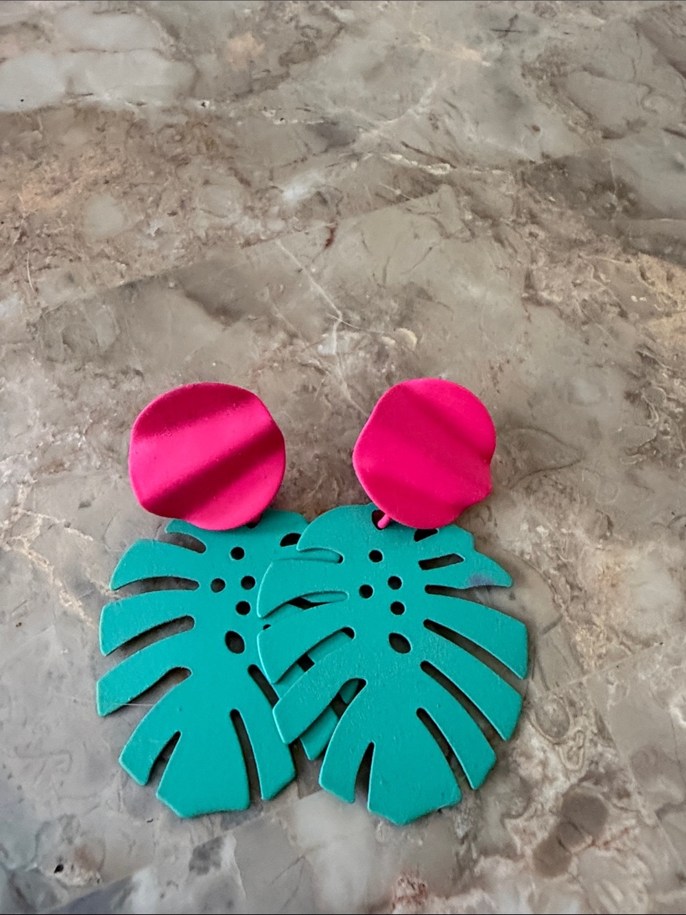 Hot Pink & Turquoise Monstera Leaf Statement Earrings – Tropical